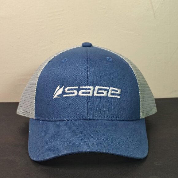 Sage Flyfishing Mesh Trucer Hat Cap Snap Back Blue White Embroidered Spell Out - Picture 1 of 12